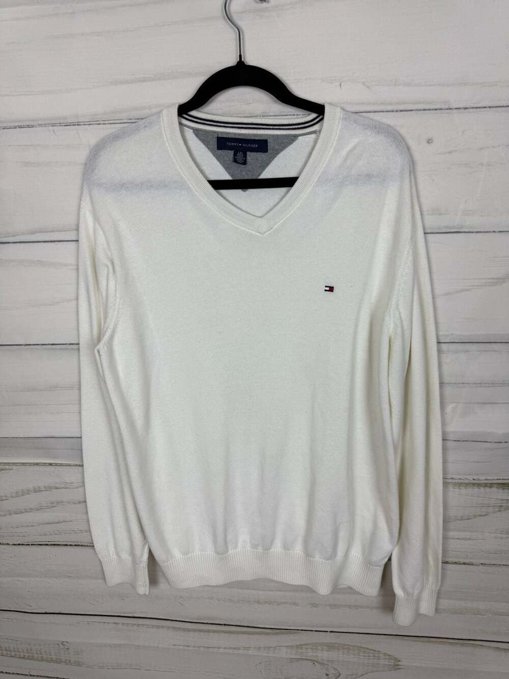 Tommy Hilfiger White V-Neck Sweater Size Large